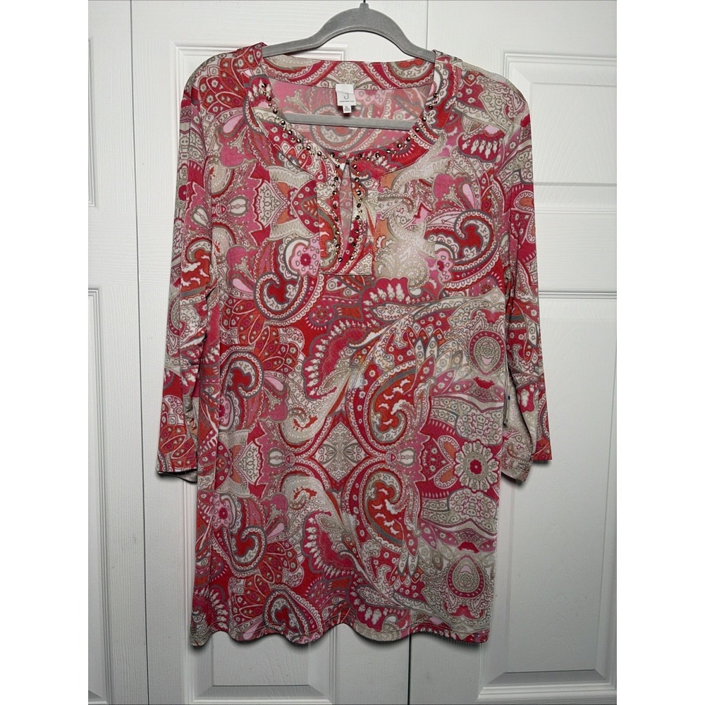 Jones New York Paisley Tunic Womens Size XL Pink Red Studded Knit Top 3/4 Sleeve